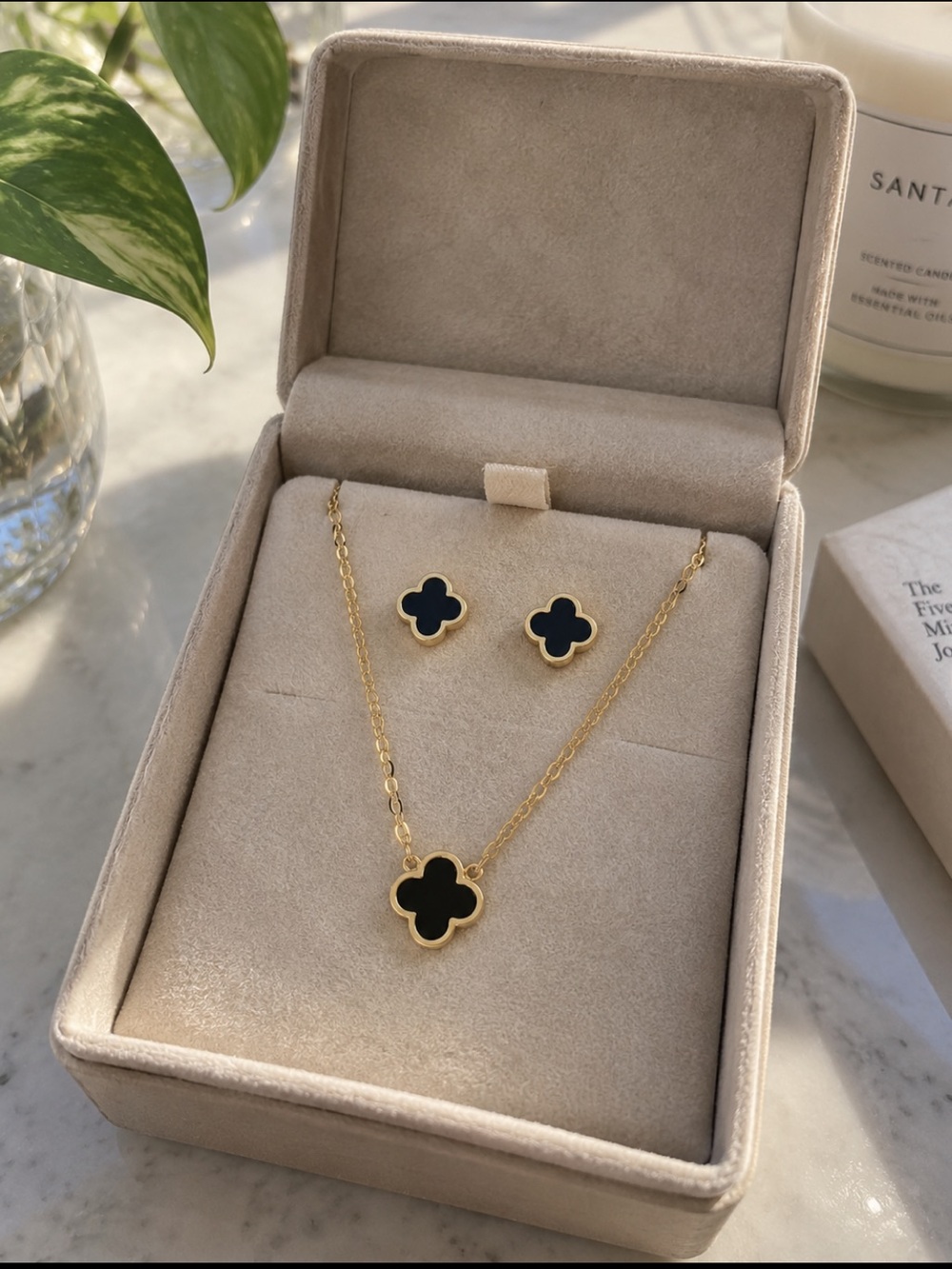 18K Gold Black Four Leaf Clover Necklace Van Cleef Styl Stud Earrings Set 16-18”